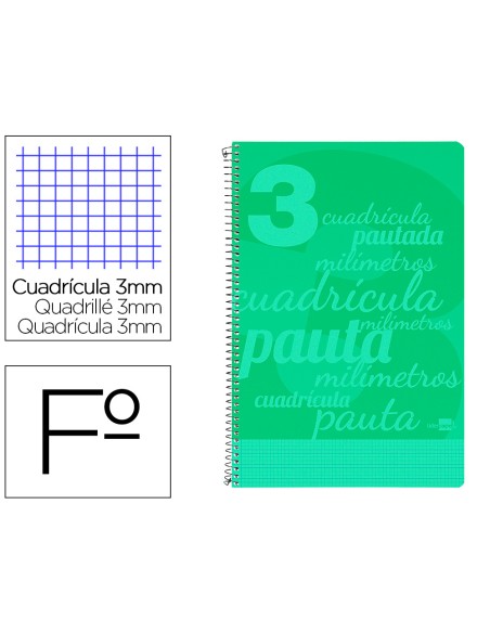 Cuaderno espiral liderpapel folio pautaguia tapa plastico 80h 75gr cuadro pautado 3mm con margen color verde