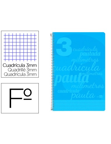 Cuaderno espiral liderpapel folio pautaguia tapa plastico 80h 75gr cuadro pautado 3mm con margen color azul