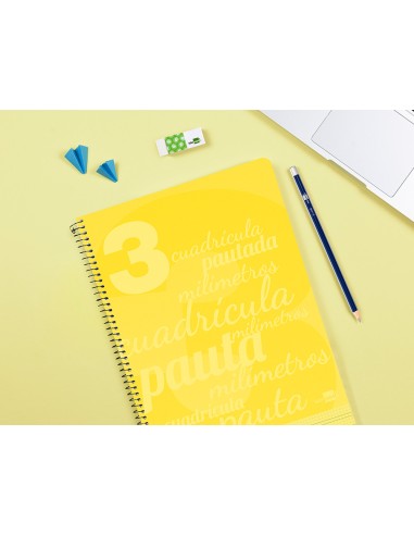 Cuaderno espiral liderpapel folio pautaguia tapa plastico 80h 75gr cuadro pautado 3mm con margen color amarillo