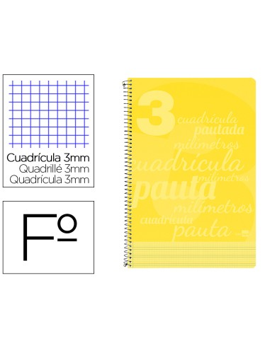 Cuaderno espiral liderpapel folio pautaguia tapa plastico 80h 75gr cuadro pautado 3mm con margen color amarillo