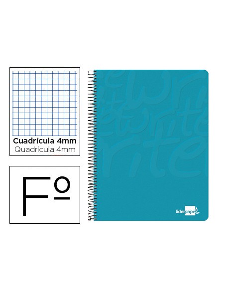 Cuaderno espiral liderpapel folio write tapa blanda 80h 60gr cuadro 4mm con margen color turquesa