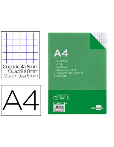 Recambio liderpapel a4 100 hojas 60g m2 cuadro 8mm con margen 4 taladros