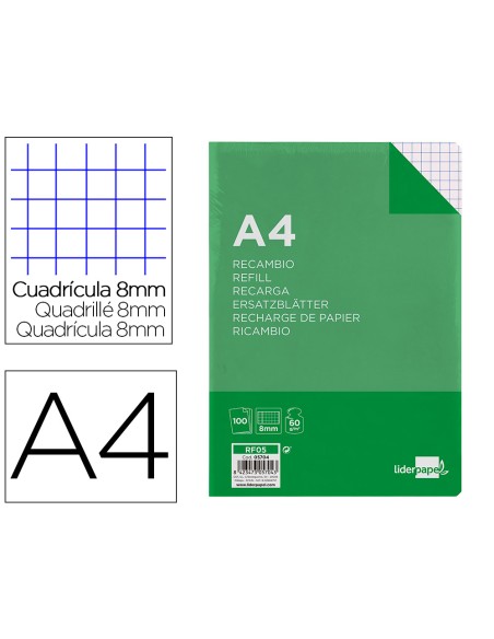 Recambio liderpapel a4 100 hojas 60g m2 cuadro 8mm con margen 4 taladros