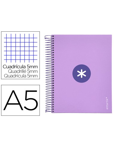 Cuaderno espiral a5 micro antartik tapa forrada120h 90 gr cuadro 5mm 5 banda 6 taladros color lavanda
