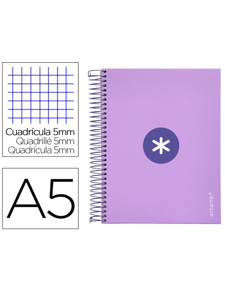 Cuaderno espiral a5 micro antartik tapa forrada120h 90 gr cuadro 5mm 5 banda 6 taladros color lavanda