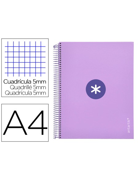 Cuaderno espiral a4 micro antartik tapa forrada120h 100 gr cuadro 5mm 5 banda4 taladros color lavanda