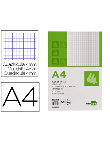 Bloc notas liderpapel cuadro 4mm a4 80 hojas 60g m2 perforado