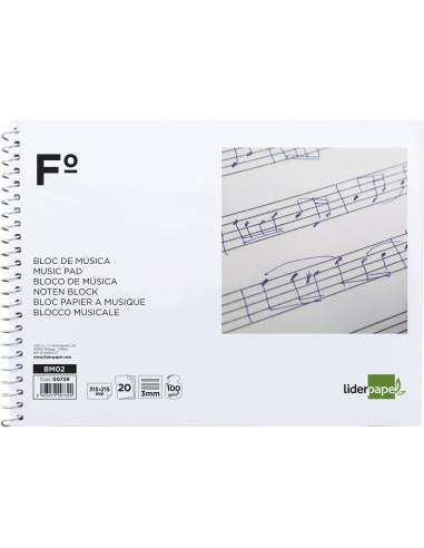 Bloc musica liderpapel pentagrama 3mm folio apaisado 20 hojas 100g m2