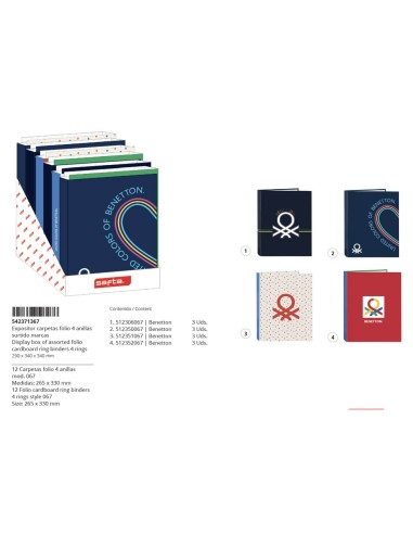 Carpeta safta carton folio 4 anillas mixtas expositor de 12 unidades surtidas