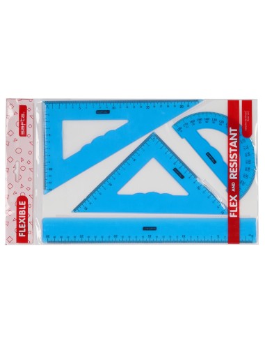 Juego escuadra cartabon regla safta flexible surtido de 3 colores
