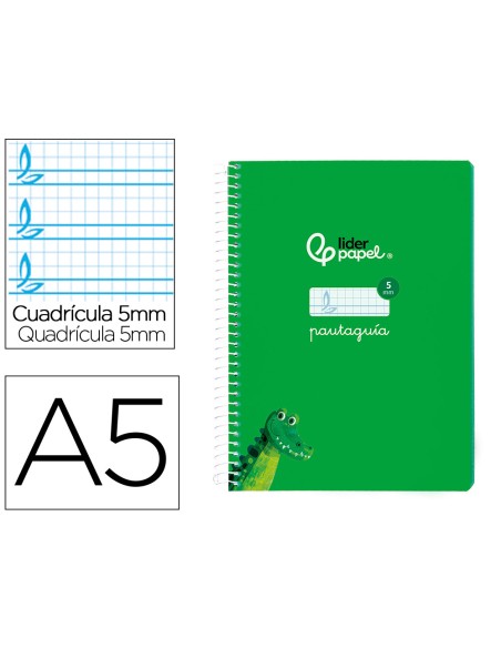 Cuaderno espiral liderpapel di n a5 pautaguia tapa blanda 40h 75 gr cuadro pautado 5mm color verde