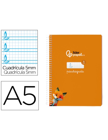 Cuaderno espiral liderpapel di n a5 pautaguia tapa blanda 40h 75 gr cuadro pautado 5mm color naranja