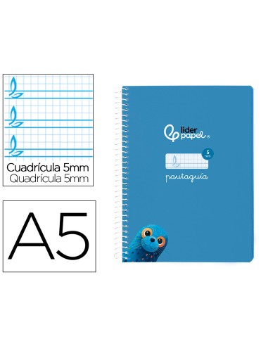 Cuaderno espiral liderpapel di n a5 pautaguia tapa blanda 40h 75 gr cuadro pautado 5mm color azul