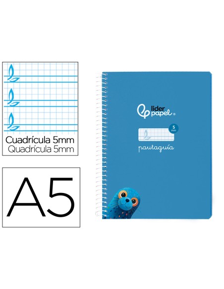 Cuaderno espiral liderpapel di n a5 pautaguia tapa blanda 40h 75 gr cuadro pautado 5mm color azul