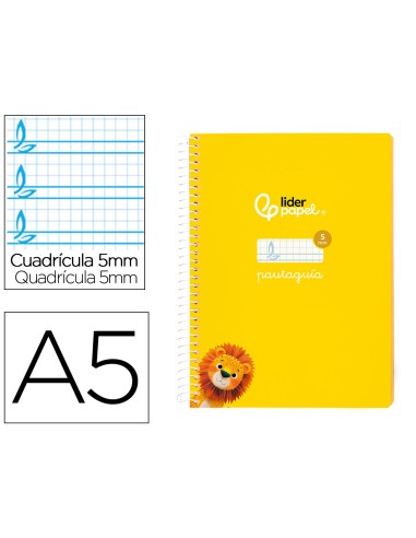 Cuaderno espiral liderpapel di n a5 pautaguia tapa blanda 40h 75 gr cuadro pautado 5mm color amarillo