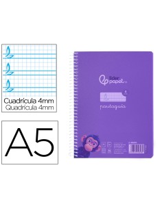 Cuaderno espiral liderpapel din a5 pautaguia tapa plastico 80h 90gr cuadro pautado 4 mm con margen color violeta