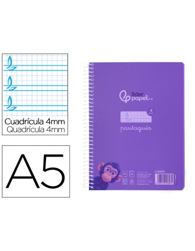 Cuaderno espiral liderpapel din a5 pautaguia tapa plastico 80h 90gr cuadro pautado 4 mm con margen color violeta