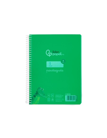 Cuaderno espiral liderpapel din a5 pautaguia tapa plastico 80h 90gr cuadro pautado 4mm con margen color verde