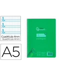 Cuaderno espiral liderpapel din a5 pautaguia tapa plastico 80h 90gr cuadro pautado 4mm con margen color verde