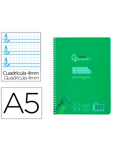 Cuaderno espiral liderpapel din a5 pautaguia tapa plastico 80h 90gr cuadro pautado 4mm con margen color verde