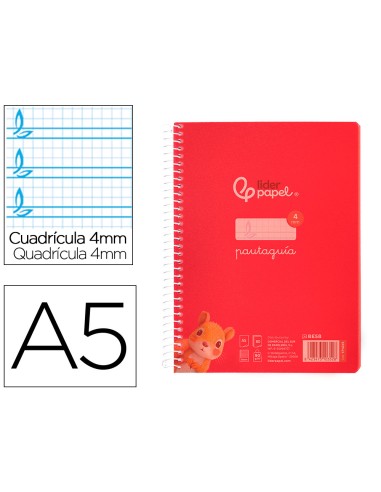 Cuaderno espiral liderpapel din a5 pautaguia tapa plastico 80h 90gr cuadro pautado 4mm con margen color rojo