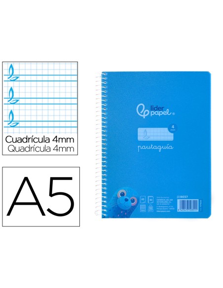Cuaderno espiral liderpapel din a5 pautaguia tapa plastico 80h 90gr cuadro pautado 4mm con margen color azul