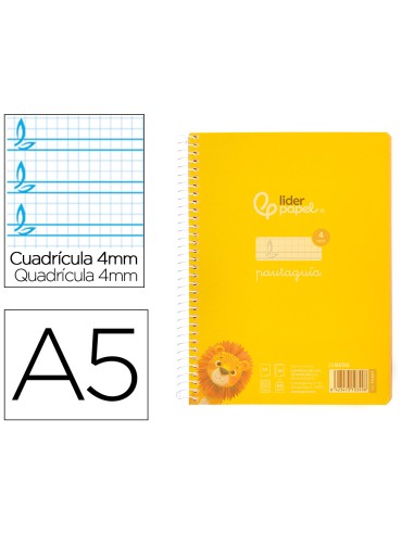 Cuaderno espiral liderpapel din a5 pautaguia tapa plastico 80h 90gr cuadro pautado 4mm con margen color amarillo