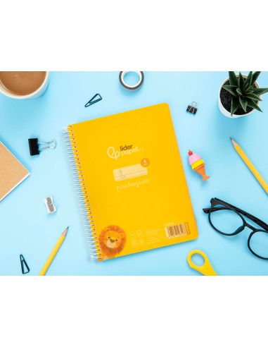 Cuaderno espiral liderpapel din a5 pautaguia tapa plastico 80h 90gr cuadro pautado 4mm con margen color amarillo