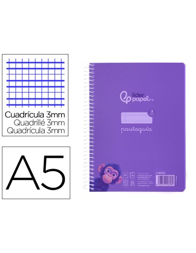 Cuaderno espiral liderpapel din a5 pautaguia tapa plastico 80h 90gr cuadro pautado 3 mm con margen color violeta