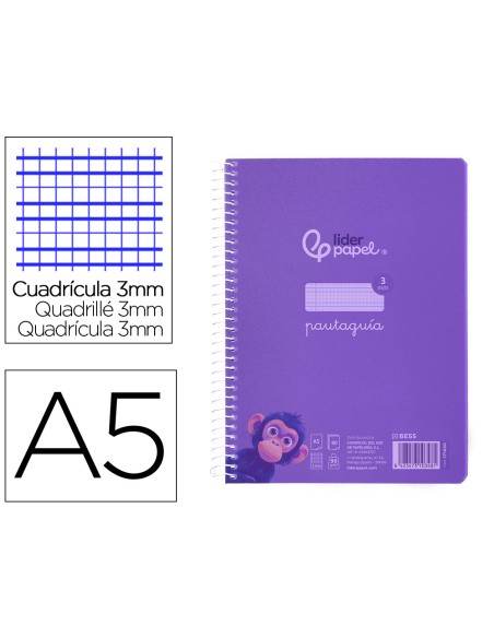 Cuaderno espiral liderpapel din a5 pautaguia tapa plastico 80h 90gr cuadro pautado 3 mm con margen color violeta