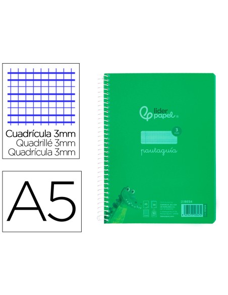 Cuaderno espiral liderpapel din a5 pautaguia tapa plastico 80h 90gr cuadro pautado 3 mm con margen color verde
