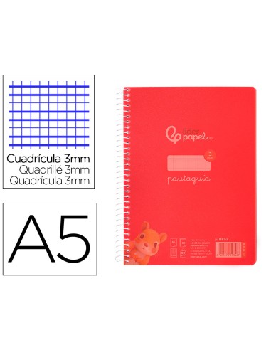 Cuaderno espiral liderpapel din a5 pautaguia tapa plastico 80h 90gr cuadro pautado 3 mm con margen color rojo