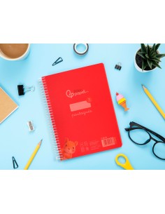 Cuaderno espiral liderpapel din a5 pautaguia tapa plastico 80h 90gr cuadro pautado 3 mm con margen color rojo