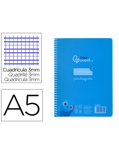 Cuaderno espiral liderpapel din a5 pautaguia tapa plastico 80h 90gr cuadro pautado 3 mm con margen color azul