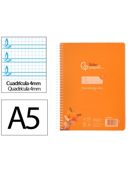 Cuaderno espiral liderpapel din a5 pautaguia tapa plastico 80h 90gr cuadro pautado 4mm color naranja