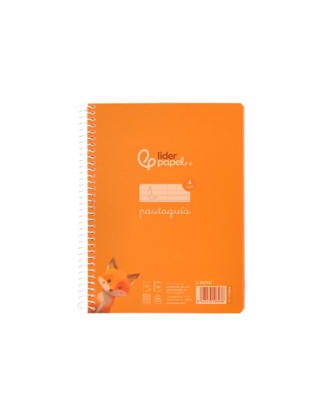 Cuaderno espiral liderpapel din a5 pautaguia tapa plastico 80h 90gr cuadro pautado 4mm color naranja