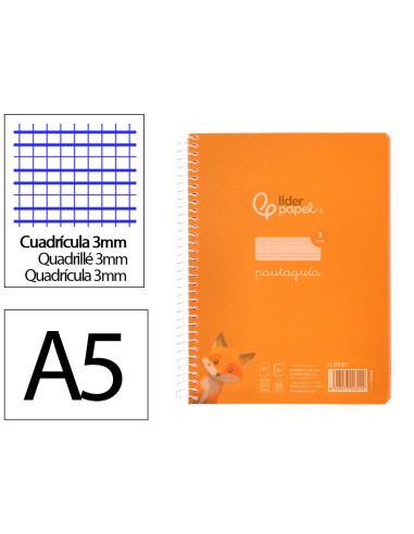 Cuaderno espiral liderpapel din a5 pautaguia tapa plastico 80h 90gr cuadro pautado 3mm color naranja