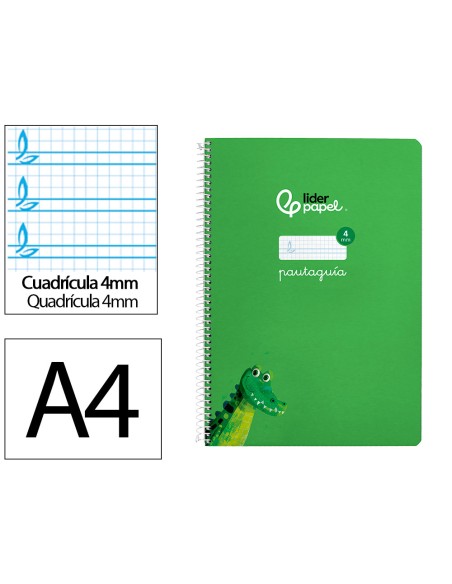 Cuaderno espiral liderpapel di n a4 pautaguia tapa dura 80h 90 gr cuadro pautado 4mm color verde