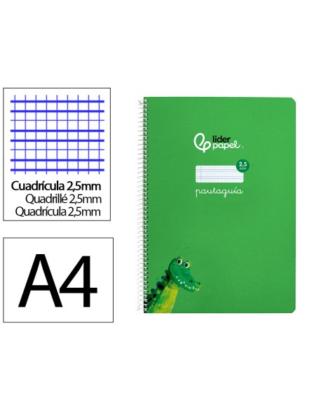 Cuaderno espiral liderpapel di n a4 pautaguia tapa dura 80h 90 gr cuadro pautado 25mm color verde