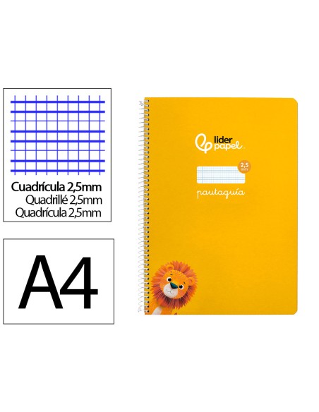 Cuaderno espiral liderpapel di n a4 pautaguia tapa dura 80h 90 gr cuadro pautado 25mm color amarillo