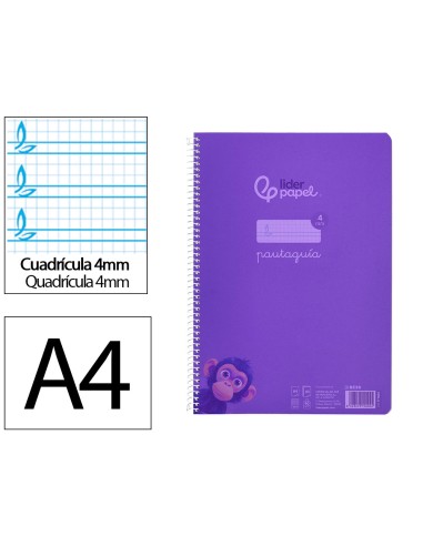 Cuaderno espiral liderpapel din a4 pautaguia tapa plastico80h 90gr cuadro pautado 4mm con margen color lila