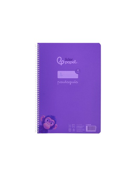 Cuaderno espiral liderpapel din a4 pautaguia tapa plastico80h 90gr cuadro pautado 4mm con margen color lila