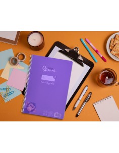 Cuaderno espiral liderpapel din a4 pautaguia tapa plastico80h 90gr cuadro pautado 4mm con margen color lila