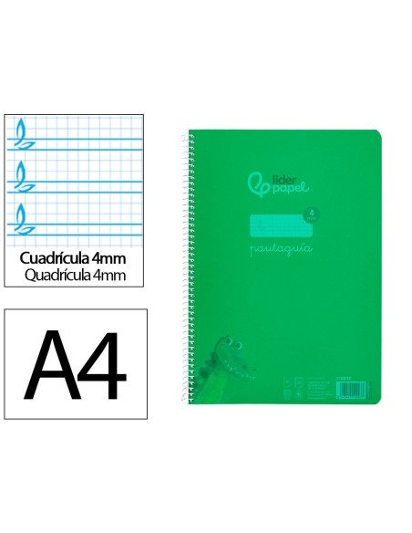Cuaderno espiral liderpapel din a4 pautaguia tapa plastico80h 90gr cuadro pautado 4mm con margen color verde
