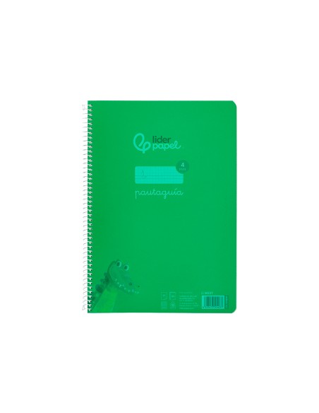 Cuaderno espiral liderpapel din a4 pautaguia tapa plastico80h 90gr cuadro pautado 4mm con margen color verde