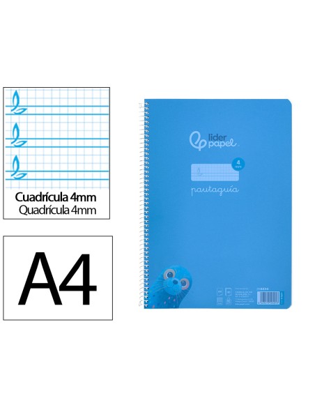 Cuaderno espiral liderpapel din a4 pautaguia tapa plastico80h 90gr cuadro pautado 4mm con margen color azul