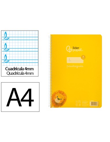 Cuaderno espiral liderpapel din a4 pautaguia tapa plastico80h 90gr cuadro pautado 4mm con margen color amarillo