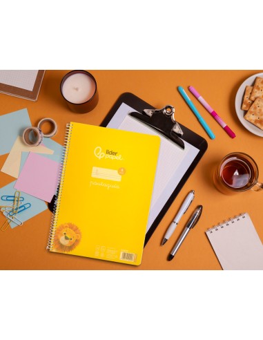 Cuaderno espiral liderpapel din a4 pautaguia tapa plastico80h 90gr cuadro pautado 4mm con margen color amarillo