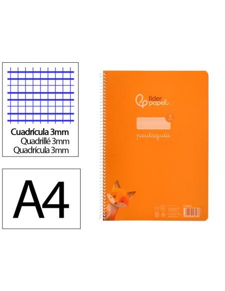 Cuaderno espiral liderpapel din a4 pautaguia tapa plastico80h 90gr cuadro pautado 3mm con margen color naranja