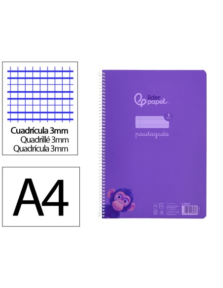 Cuaderno espiral liderpapel din a4 pautaguia tapa plastico80h 90gr cuadro pautado 3mm con margen color lila